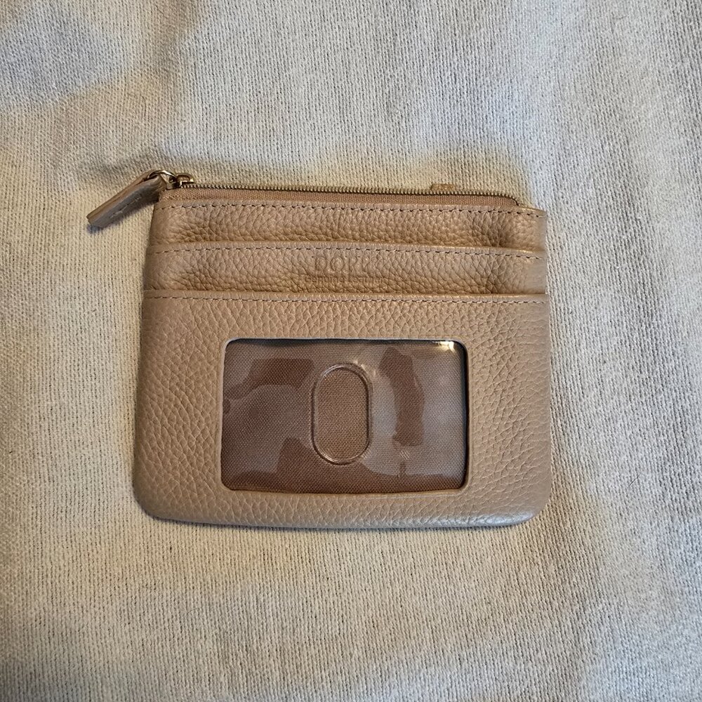 Dopp Genuine Leather Card Case Wallet ID Window Zip Pouch Tan EUC
